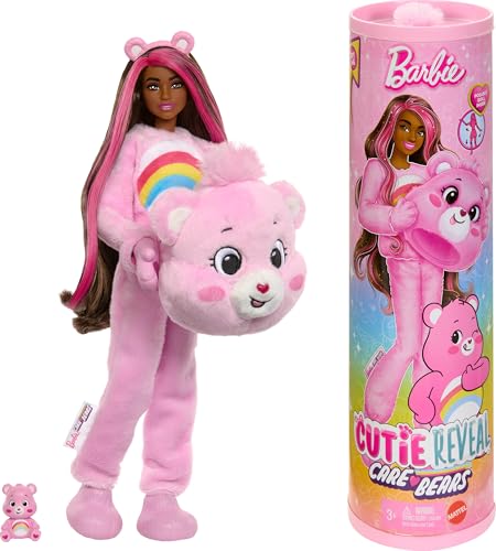 Barbie Cutie Reveal Doll & Accessories, Care Bears Series, Fashion Doll with Cheer Bear Plush Costume & 10 Surprises Including Color Change & Mini Bear