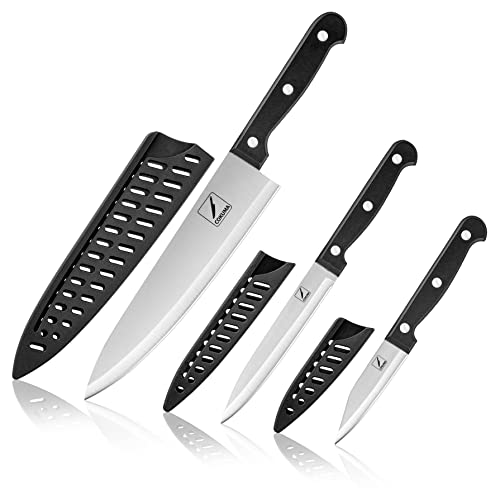 COKUMA Kitchen Knife, 3-Pcs Knife Set With Sheath, 8 Inch Chef Knife, 4.5 Inch Utility Knife, 4 Inch Paring Chef Knife, Stainless Steel, Black