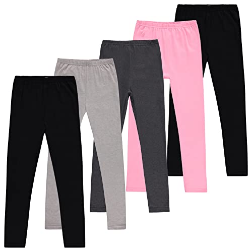 Girls Leggings, Cotton Spandex Stretch Pants - Kids Dance, Yoga and Ballet Tights, 5-Pack/Black, Grey, Pink - X-Large 16