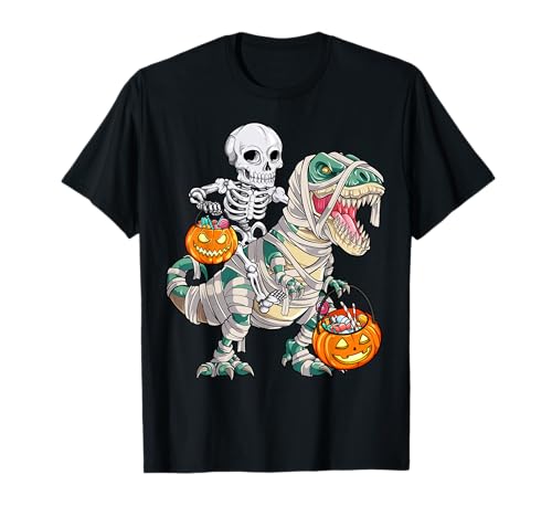 Skeleton Riding Mummy Dinosaur T rex Halloween Funny Pumpkin T-Shirt