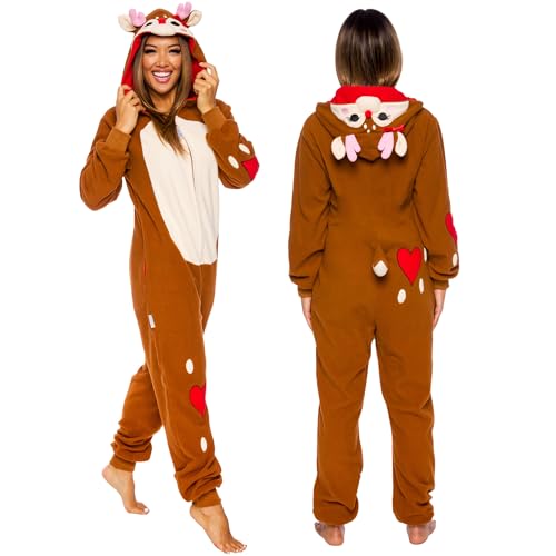 Womens Reindeer Costume - Plush Holiday Onesie - One Piece Pajama by FUNZIEZ! (Small)