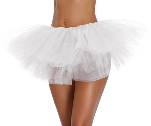 Women's, Teen, Adult Classic Elastic 3, 4, 5 Layered Tulle Tutu Skirt (One Size, White 5Layer)