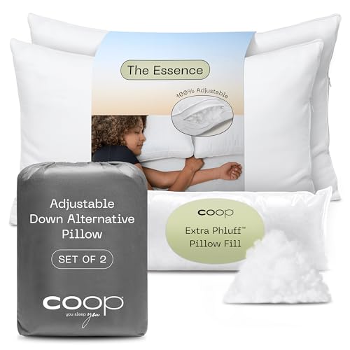 Coop Home Goods Essence Down Alternative Pillow Queen Size Set of 2, Best Pillows for Sleeping, Adjustable Alternative to Down Pillows, Luxury Hotel Pillows for Back, Stomach or Side Sleepers