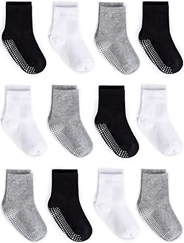 ZAPLES Baby Non Slip Grip Crew Socks with Anti Skid Soles for Infants Toddlers Kids Boys Girls, Assorted 12 Pack, 4-7 Years