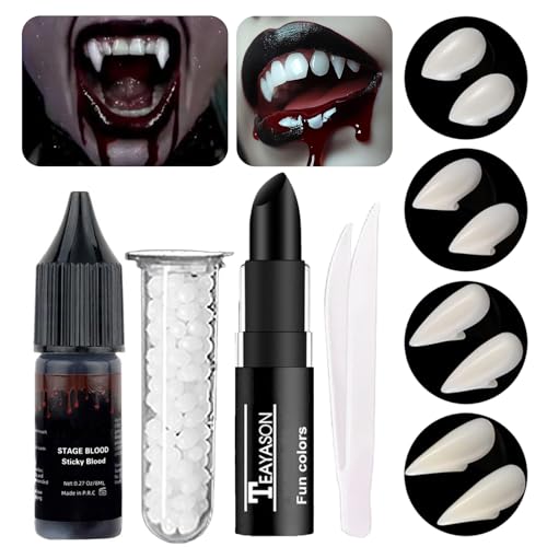 Go Ho Vampire Fangs Teeth and Fake Blood Makeup,Sticky Edible Blood,Black Lipstick,4 Pairs 4 Sizes Vampire Teeth with Adhesive,Vampire Fangs Accessories for Halloween Costumes Cosplay