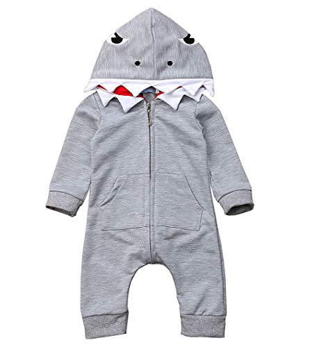 Bowanadacles Newborn Infant Baby boy Girl Cartoon Shark Long Sleeve Hooded Jumpsuit Bodysuit Romper Zipper Outfit