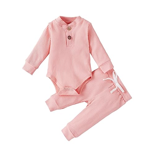 Baby Boy Girl Clothes Ribbed Knitted Cotton Long Sleeve Romper Long Pants Solid Color Fall Winter Outfits(Pink, 3-6 Months)