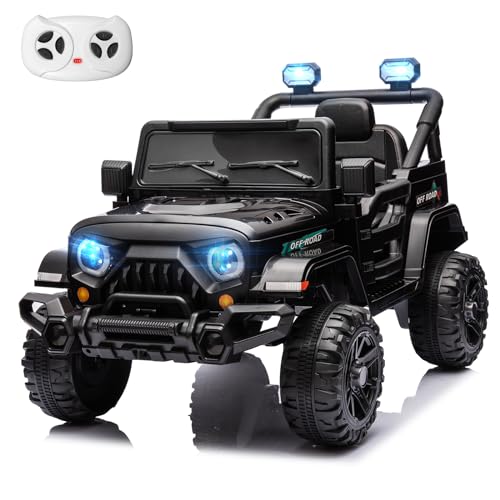 MINIATURE MOTORS 12V Kids Electric Ride on Truck Car Remote Control, Twin 35W Motors 3.5MPH Max Speed, Bluetooth USB Music Player, 4 Wheels Suspension LED Lights Safety Belt, Gift for Boy & Girl-Black