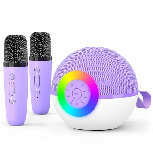 goopow Mini Karaoke Machine Speaker for Kids Adults, Portable Bluetooth Microphone Song Toys with LED Light, Best Chritmas Birthday Festival Gift for 3 4 5 6 7 8+ Year Old Girls Boys (Purple-2MIC)