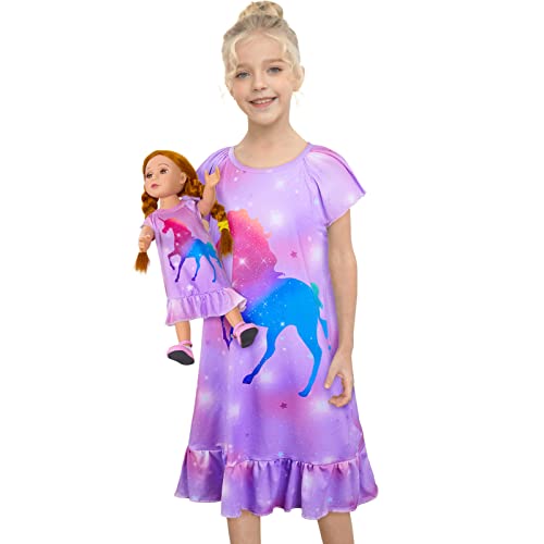 MHJY Doll and Girl Matching Nightgown Unicorn Outfit Princess Pajamas Sleepwear Dress for Girls & American 18' Dolls Clothes Purple