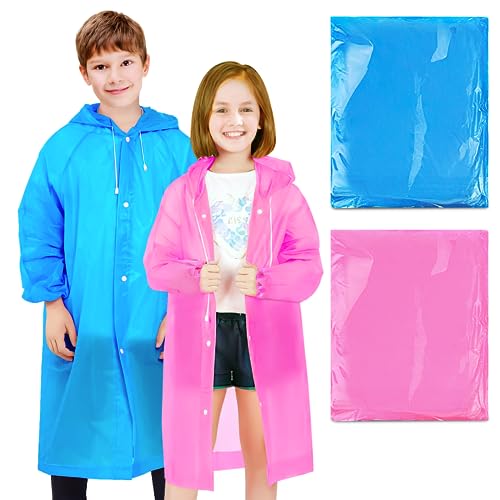 BFONS 2 Pcs Rain Ponchos for Kids Reusable, EVA Raincoats for Boys Girls with Drawstring Hood and Sleeves, Waterproof Rain Coats