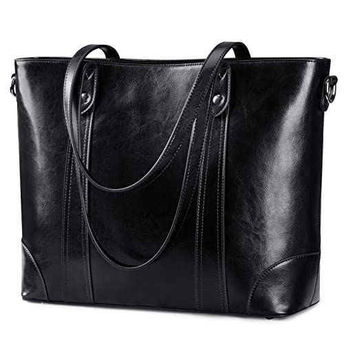 S-ZONE Leather Tote Bag for Women Office Shoulder Handbag 15.6 Inch Work Laptop Briefcase (Black)