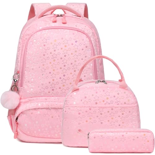 Backpack and Lunch Bag Set for Girls, 3PCS Pink Fluffy Girls Backpack with Pencil Case for School Girls, Cute Soft Plush School Backpack for Preschool Kindergarten Elementary