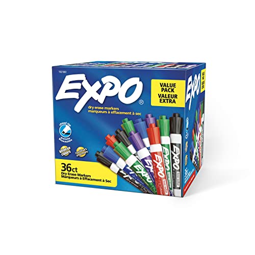 EXPO Low Odor Dry Erase Markers, Chisel Tip, Assorted Colors, Pack of 36 - Ideal for Classrooms, Offices & Home Offices