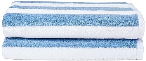 Amazon Basics - Sky Blue Cabana Stripe Pool & Beach Towel, 100% Cotton, Soft & Absorbent, Quick Dry, Large, 2 Pack, 30' x 60'