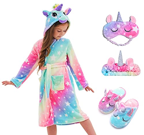 CHETOSHO Soft Unicorn Hooded Robe with Matching Slippers Headband and Blindfold for Girls - Pink/Blue Stars 6-7 Years