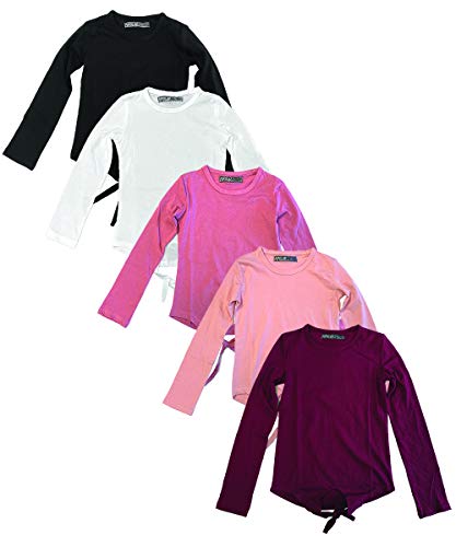 MISS POPULAR 5pcs Girls Kids Long Sleeve Shirt Set with Tie Front Cotton Crew Neck Soft Fabric Many Colors Size 4-16 (Pack D, 10/12)