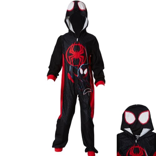 Marvel Spiderman Onesie Pajamas for Kids, Miles Morales Hooded Plush Spiderman Costume or Sleeper Zipper Front, Sizes 4-10 Multi