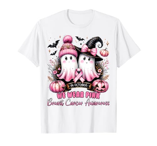 In October We Wear Pink Ghost Witch Breast Cancer Awareness T-Shirt