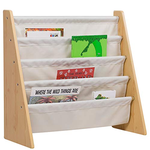 Wildkin Kids Canvas Sling Bookshelf for Boys and Girls, Wooden Design Features Four Fabric Shelves, Keep Bedrooms, Playrooms, and Classrooms Organized, Measures 25 x 24 x 11 Inches (Natural w/ Tan)