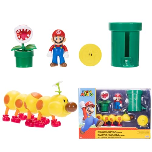 Nintendo Super Mario Soda Jungle Diorama Includes 3 Figures and 2 Accessories: 2.5-Inch Mario, Wiggler, Piranha Plant, Warp Pipe, Coin. Ages 3+ (Officially Licensed)