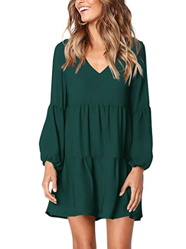 Amoretu Women Long Sleeve Tunic Dress V Neck Swing Shift Dresses(Green,Small)