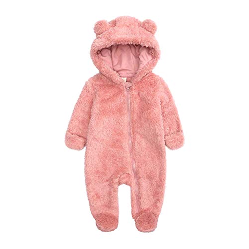 Newborn Baby Warm Snowsuit Cotton Fleece Hooded Romper Bear Pattern Jumpsuit for Baby Girl Boy Pink 0-3M