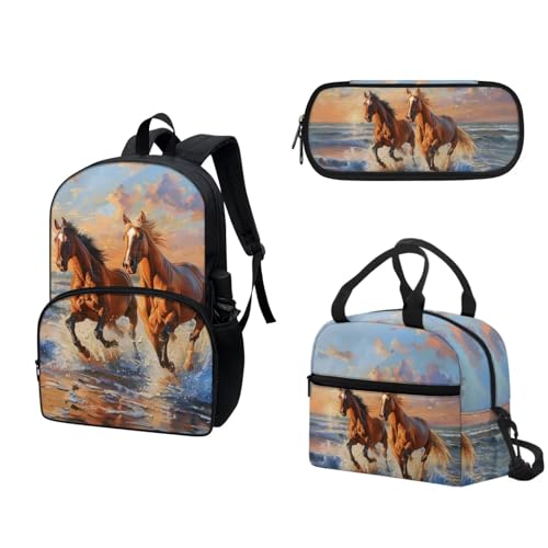 COEQINE 3D Running Horse Backpacks for Girls 4-6 Birthday Gift for Back School Sand Beach Boys Kids Bookbag And Lunch Box Set Girls,Art