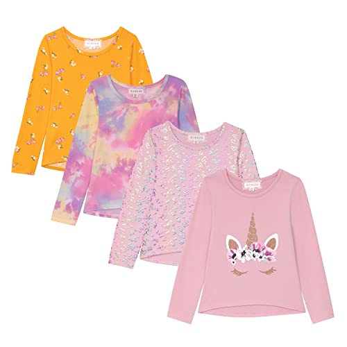 Girls Long Sleeve Fall Graphic Tops, School & Sports Tees, 4 Pack Multiple Pattern Tshirts