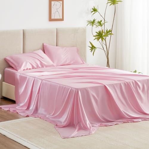 Love's cabin Satin Queen Sheets Set - 4 Piece Pink Silky Satin Bed Sheets Queen Set with Deep Pocket, Luxury Silk Feel Satin Queen Size Sheet Set (1 Flat Sheet,1 Fitted Sheet,2 Pillow Cases)