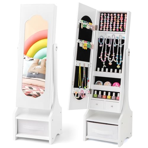 Costzon Kids Jewelry Armoire Cabinet, 41.5” Standing Jewelry Organizer with Full-Length Mirror, 3 Storage Drawers, Kids Vanity Dress Up Mirror Jewelry Cabinet for Little Girls (White)