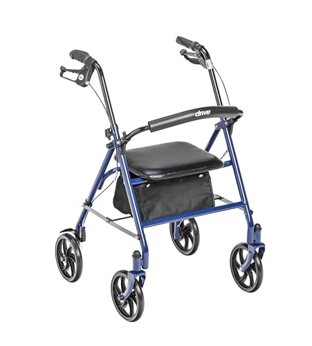 Drive Medical 10257BL-1 4 Wheel Rollator Walker With Seat, Steel Rolling Walker, Height Adjustable, 7.5' Wheels, Removable Back Support, 300 Pound Weight Capacity, Blue