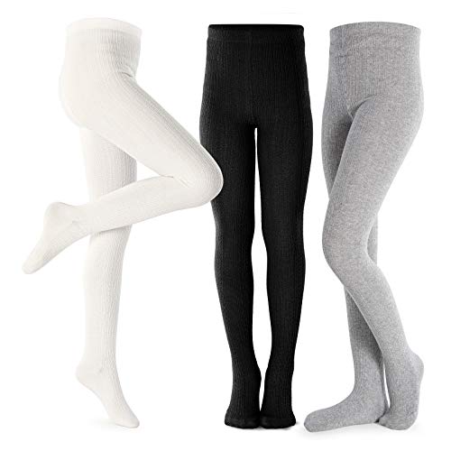 Petrass Girls Tights Toddler Cable Knit Cotton Footed Seamless Dance Ballet Baby Girls' Leggings 3 Pack Black/Ivory/Grey 5-6Y