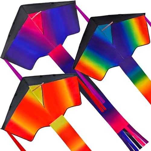 JOYIN 3 Packs Delta Multicolor Kite Warm and Cold Color Easy to Fly Huge Kites for Kids and Adults with 262.5 ft Kite String, Large Delta Beach Kite for Outdoor Games and Activities