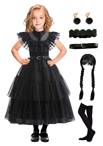 EOILFM Halloween Wednesday Addams Family Dress Costume Cosplay Girls Black Gothic Dress Up Outfit with Belt Party Show for Kids, Girls-L(7-8 Years) (XQS-YDS-03)