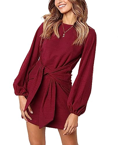 PRETTYGARDEN Women's Elegant Long Lantern Sleeve Short Dress Crewneck Tie Waist Knit Cocktail Dress (Wine Red,Medium)