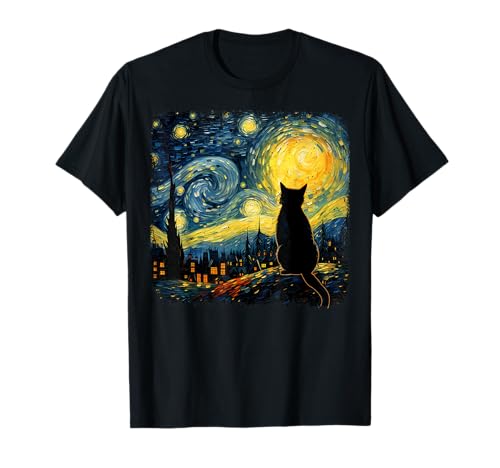 Cat Starry Night Van Gogh Cat For Cat Lover Cat Mom Cat Dad T-Shirt