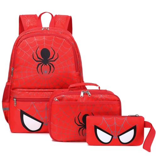 Octsky Kids Backpack for School Boys Backpack with Lunch Box Elementary Bookbag Backpack, Spider Red 3pcs