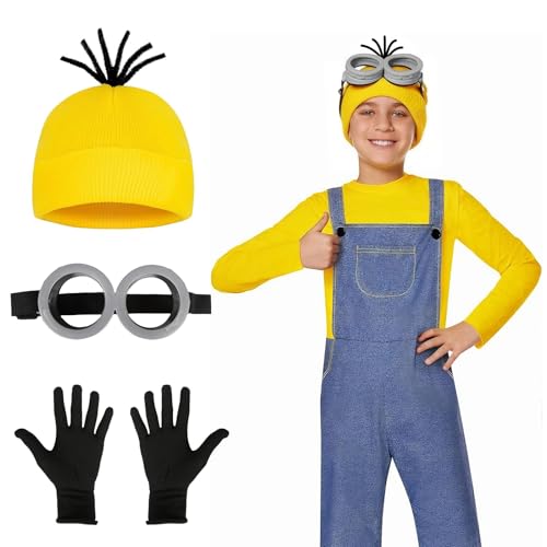 umbresen 3Pcs Halloween Yellow Costume Accessories, Goggles Glasses/Yellow Beanie/Gloves for Children Adults Men Women Cosplay Christmas Birthday Party School Show Set