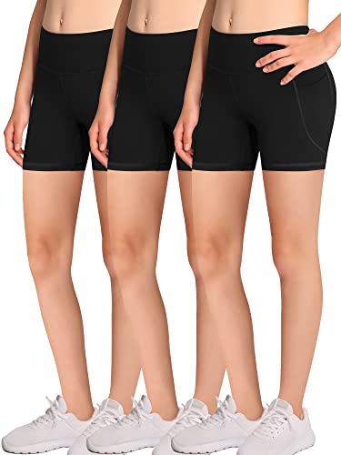 DALIGIRL Girl's Volleyball Bike 4 Packs Spandex Compression Pockets Dance Yoga Athletics Shorts, Black/Black/Black, Medium