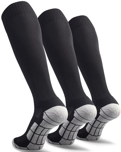 CWVLC Youth Soccer Socks 3 Pairs Girls Boys Volleyball Sport Team Athletic Knee High Long Tube Cotton Compression Socks Black Medium (5Y-7Y Youth/6-10 Women)