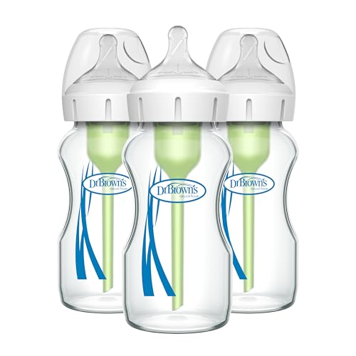 Dr. Brown's Natural Flow Anti-Colic Options+ Wide-Neck Glass Baby Bottles 9 oz/270 mL, with Level 1 Slow Flow Nipple, 3 Pack, 0m+