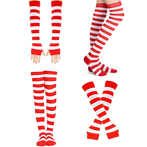 MCPINKY Striped High Knee Socks Set, Including 2 Knee High Stocking and 2 Long Arm Gloves for Women Girls Spring Warmer