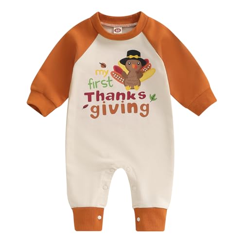 FYBITBO Thanksgiving Baby Boy Girl Outfit Little Turkey Jumpsuit Romper My First Thanksgiving Newborn Onesie Clothes (Brown, 0-3 Months)