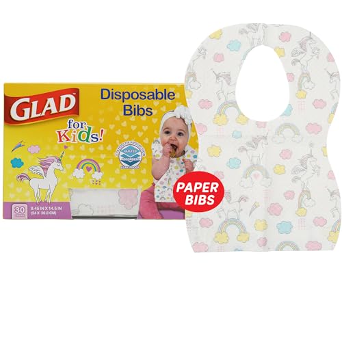 Glad for Kids Unicorn Paper Disposable Bibs with Crumb Catcher for Feeding - Absorbent and Leakproof Eating and Travel Must Haves for Mess-Free Meals, 30 Count