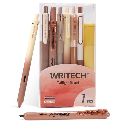 WRITECH Gel Pens Journaling Highlighters: Journal Set Aesthetic Assorted Earth Tones Color Ink 0.5mm Fine Point Retractable 0.7mm Black Pen Smooth Writing Drawing No Bleed 7ct (Brown)