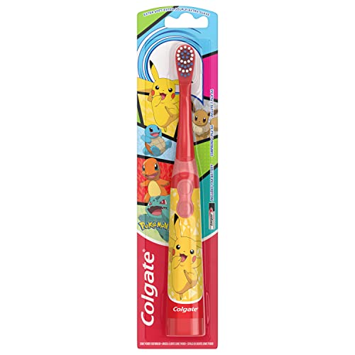 Colgate Kids Battery Powered Toothbrush, Kids Battery Toothbrush with Included AA Battery, Extra Soft Bristles, Flat-Laying Handle to Prevent Rolling, Pokemon Toothbrush, 1 Pack (Style May Vary)