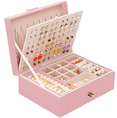 QBestry Girls Jewelry Box Earring Holder Organizer for Girls Earring Organizer Teen Jewelry Box Organizer for Girls Pink jewelry Boxes for Earrings Necklace Ring Stud Earring Box Organizer for Girls