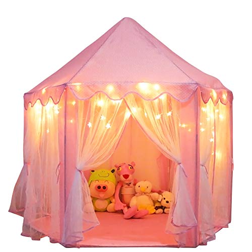 ORIAN Princess Castle Playhouse Tent for Girls with LED Star Lights – Indoor & Outdoor Large Kids Play Tent for Imaginative Games – ASTM Certified, 230 Polyester Taffeta. Pink 55'x53'.