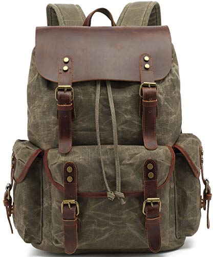 HuaChen Leather Backpack for Men,Waxed Canvas Shoulder Rucksack for Travel Laptop Bag OVERSIZE (M80_Army Green_XL)